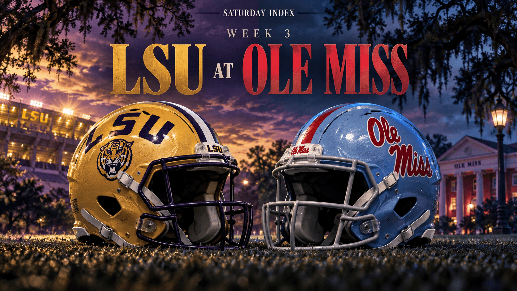 Illustrated LSU and Ole Miss helmets face each other in an Oxford night-game scene.