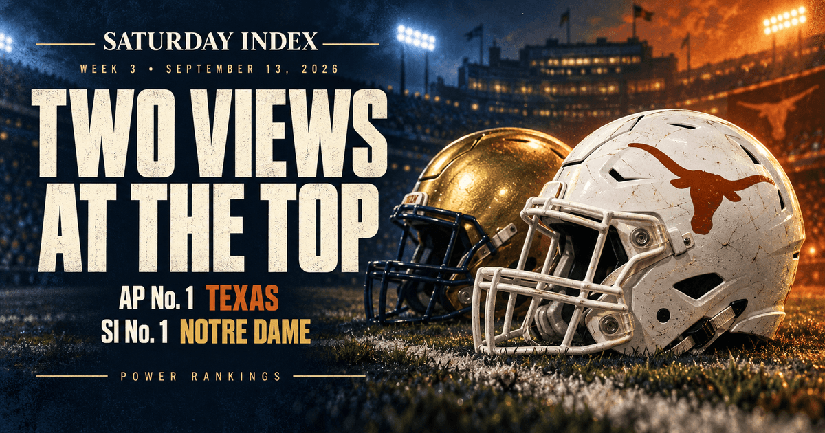 Texas and Notre Dame football helmet illustration: AP No. 1 Texas; SI No. 1 Notre Dame. Week 3, September 13, 2026.
