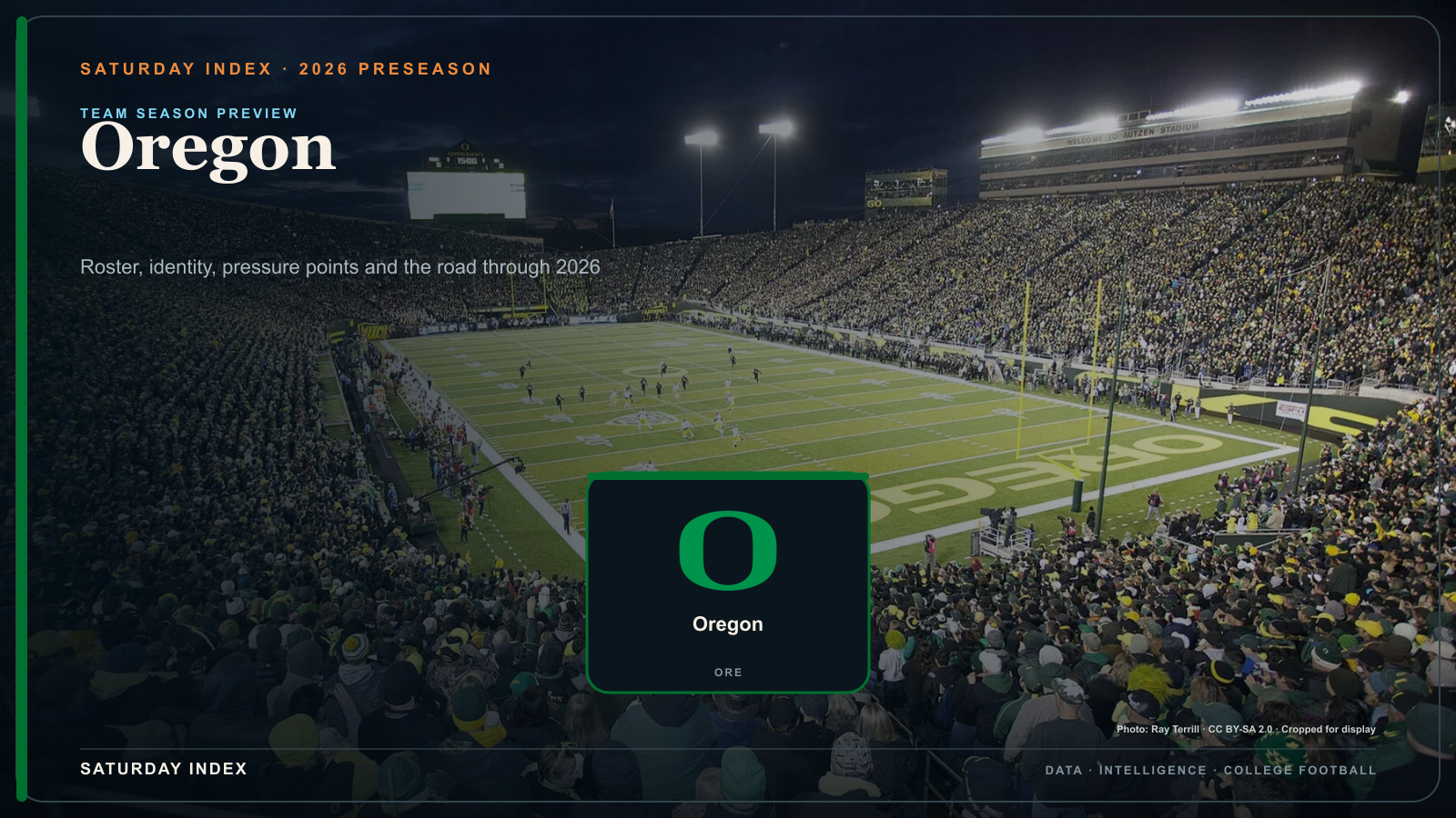 Saturday Index 2026 season preview graphic for Oregon over an attributed view of Autzen Stadium.