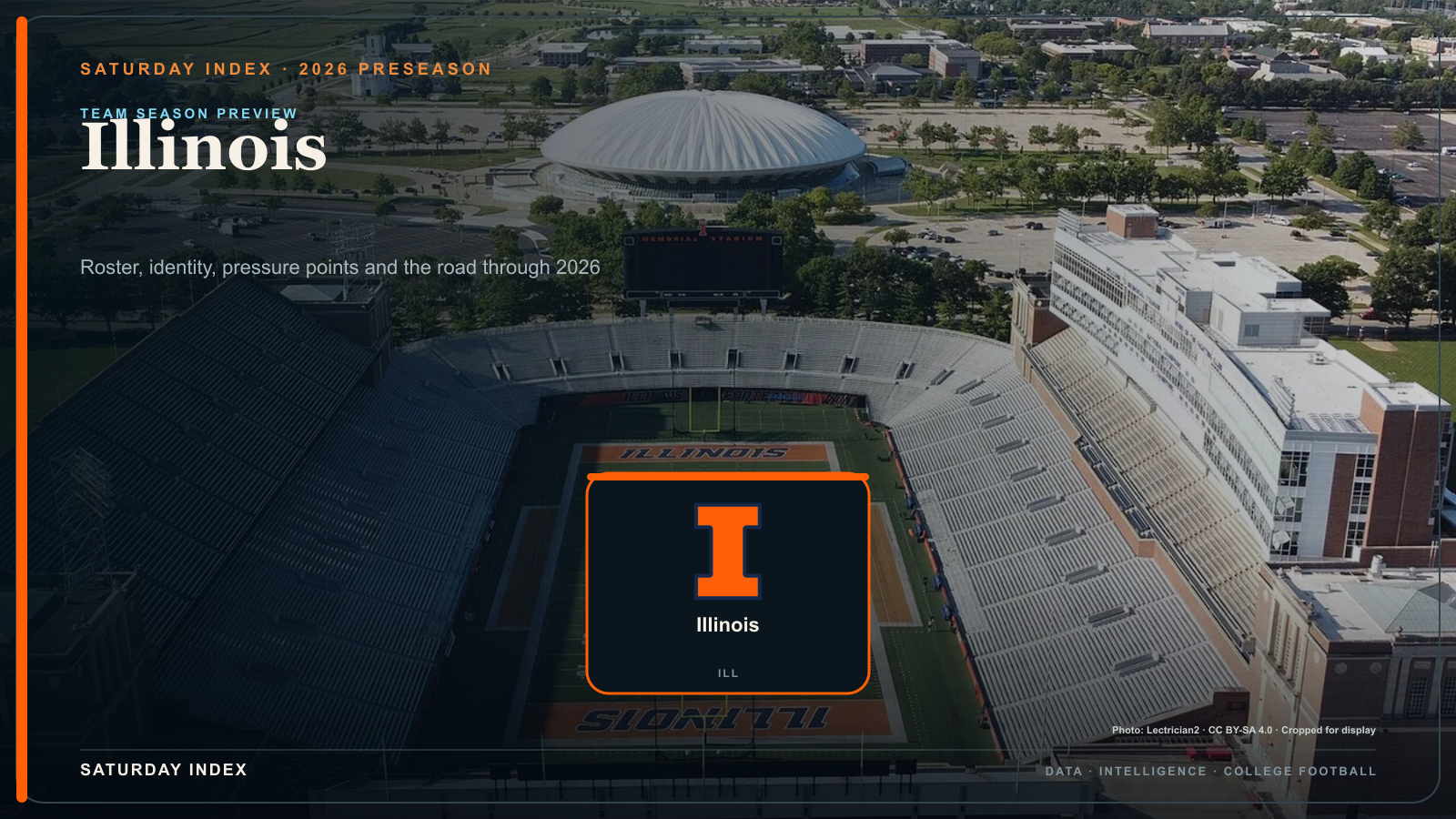 Saturday Index 2026 season preview graphic for Illinois over an attributed view of Memorial Stadium (Champaign, IL).