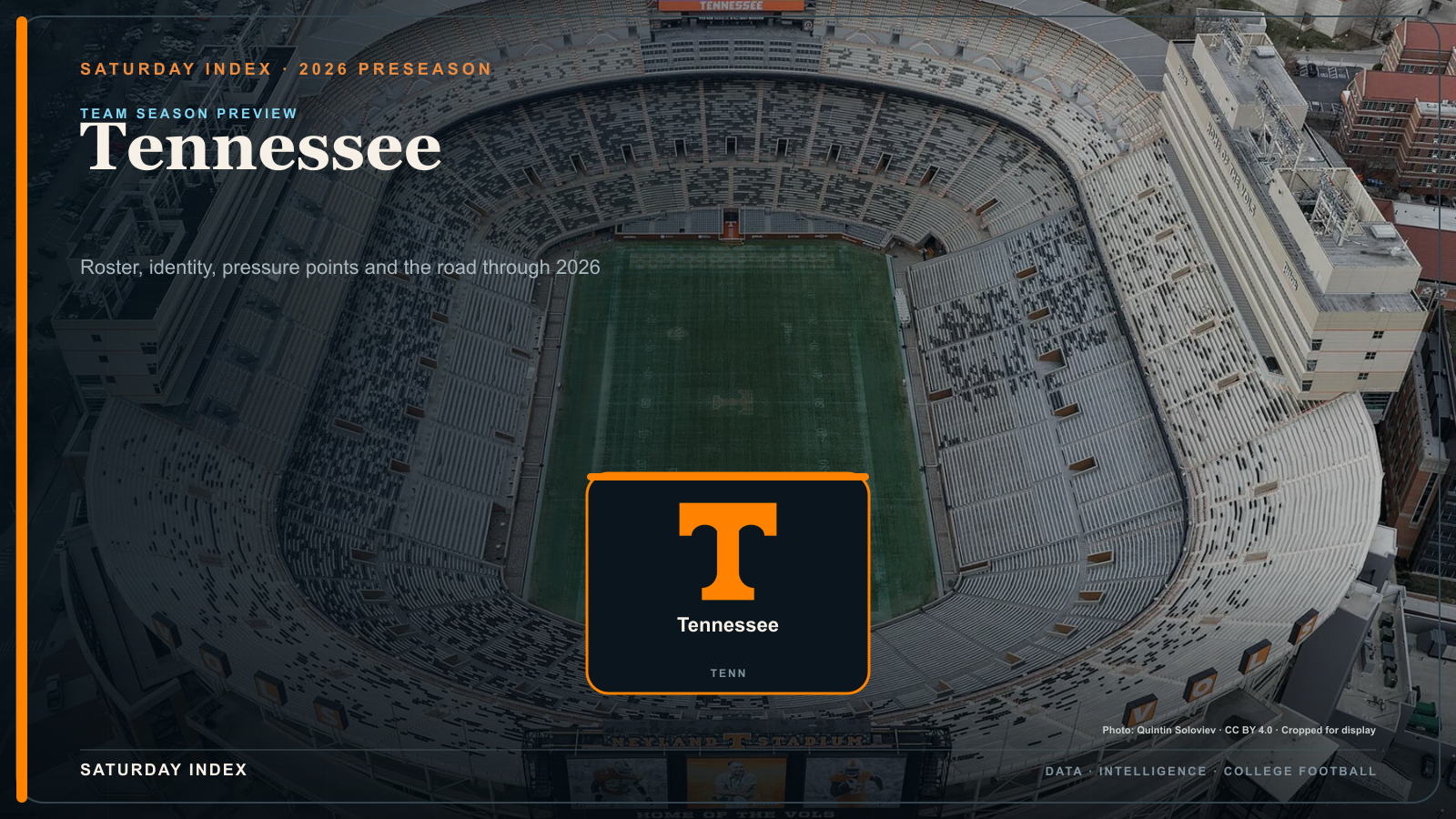Saturday Index 2026 season preview graphic for Tennessee over an attributed view of Neyland Stadium.