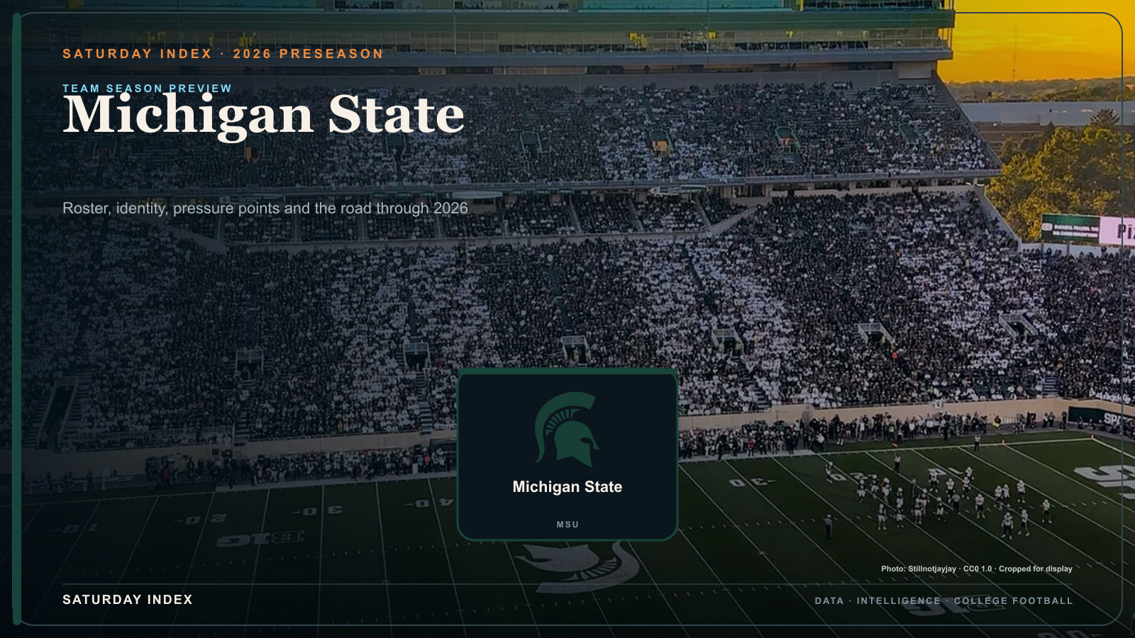Saturday Index 2026 season preview graphic for Michigan State over an attributed view of Spartan Stadium.